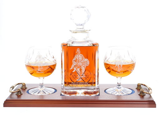 'Saved' Panel Cut Crystal Brandy Decanter with 2 Goblets Tray Set, Boxed - H30F