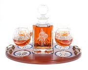 'Saved' Panel Cut Crystal Brandy Decanter with 4 Goblets Tray Set, Boxed - H30G