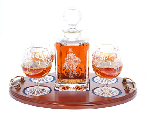 'Saved' Panel Cut Crystal Brandy Decanter with 4 Goblets Tray Set, Boxed - H30G