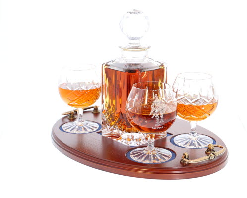 Saved' Panel Cut Crystal Brandy Decanter with 4 Goblets Tray Set, Box