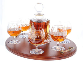 'Saved' Panel Cut Crystal Brandy Decanter with 6 Goblets Tray Set, Boxed - H30H