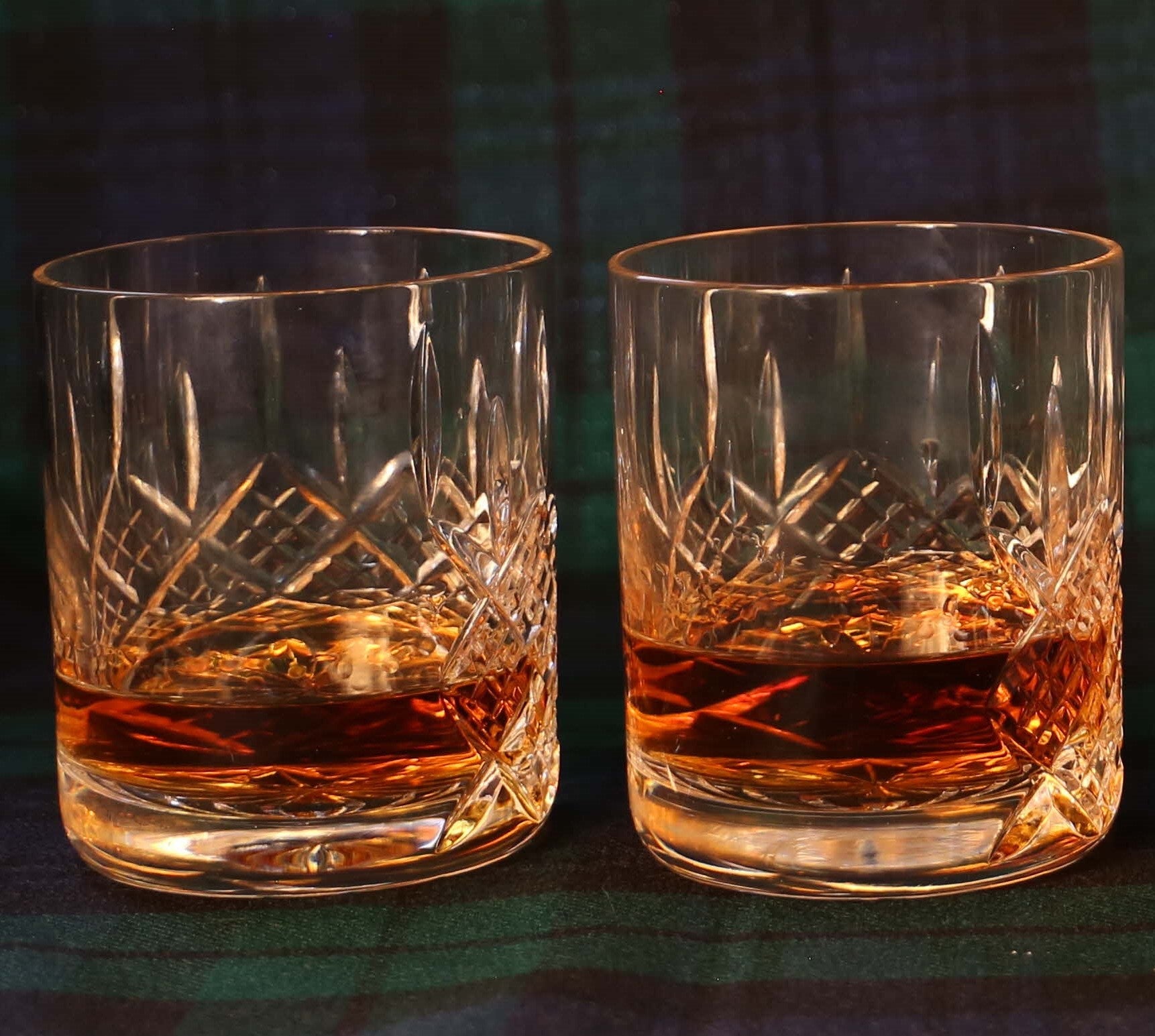 Pair of Brigade Engraved Panel Cut Crystal Whisky Glasses, Boxed - H20B