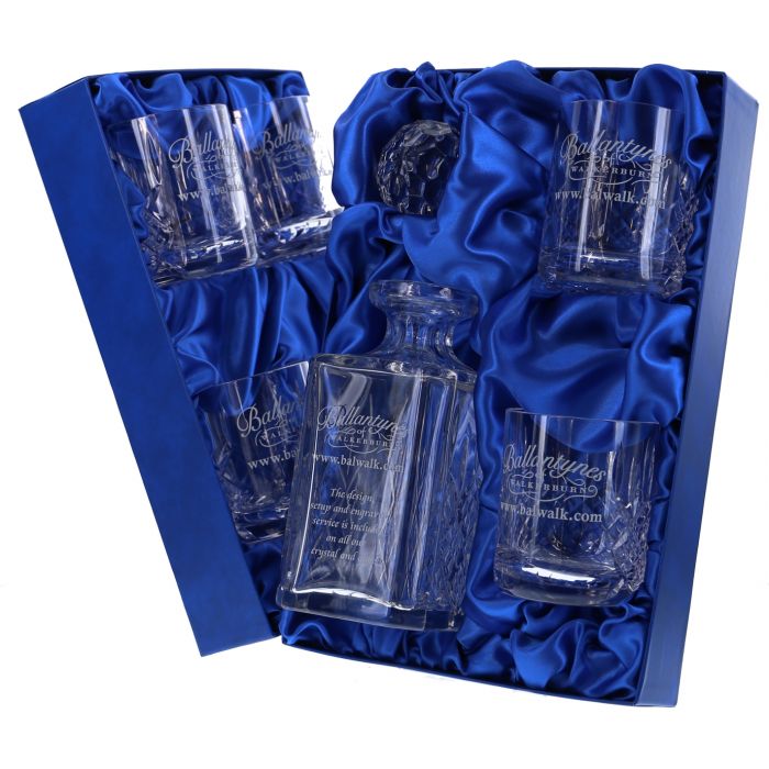 Set of Brigade Engraved Panel Cut Crystal Whisky Decanter with 6 Tumblers, Boxed - H20E7