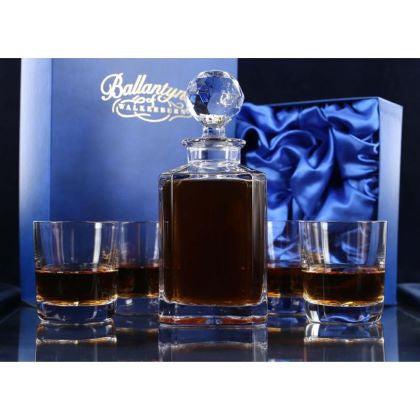Brigade Engraved Plain Crystal Whisky Decanter and 4 Tumblers Set, Boxed - H21E