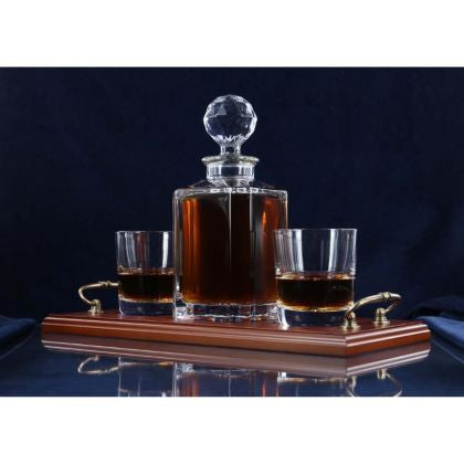 Brigade Engraved Plain Style Crystal Whiskey Decanter with 2 Tumblers Tray Set, Boxed - H21F