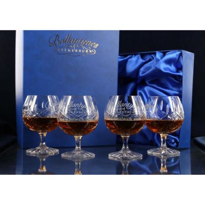 Set of 4 Brigade Engraved Panel Cut Crystal Brandy Goblets, Boxed - H30C